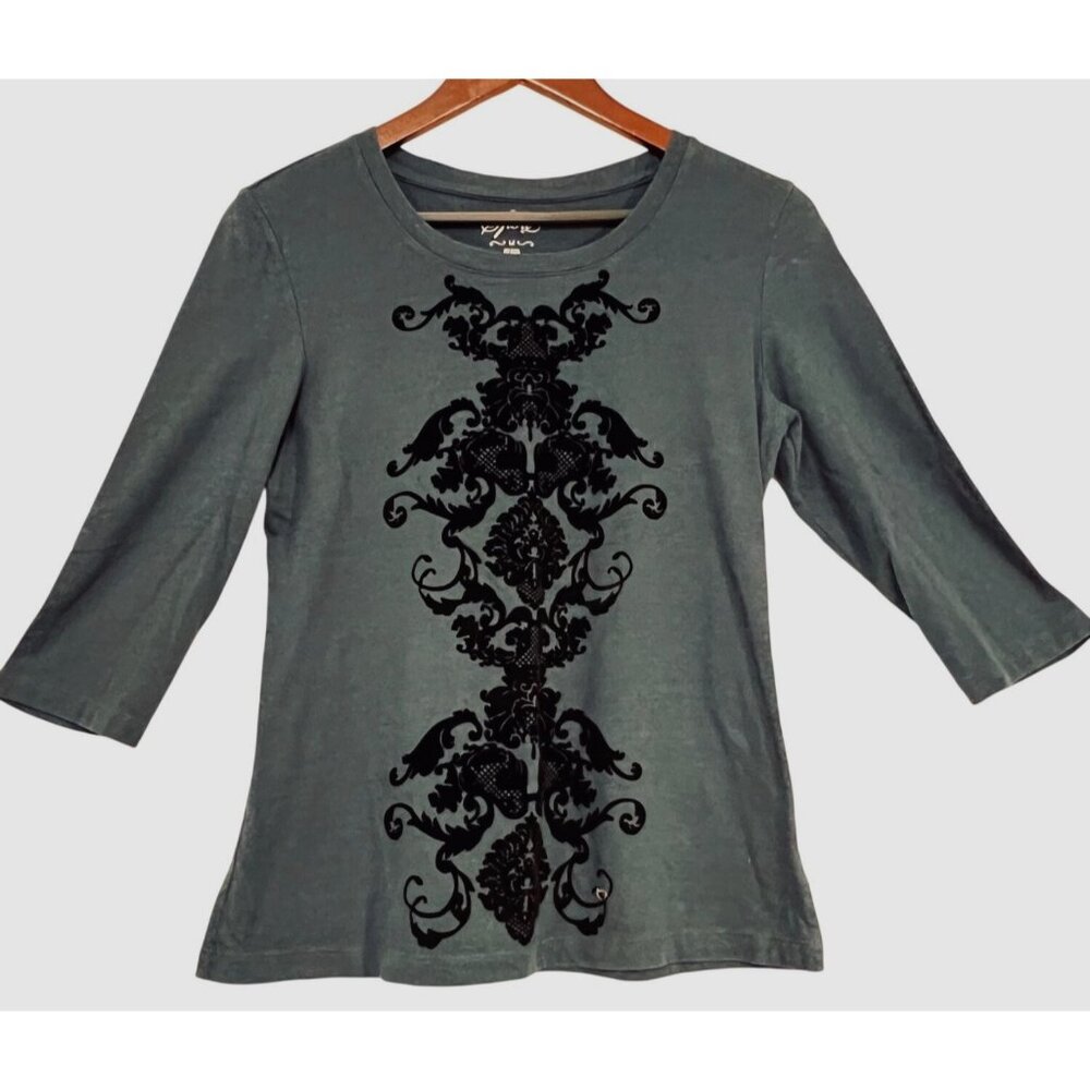 Style & Co Sport Blue 3/4 Sleeve Stretch-Top Black Damask Print Design Size M